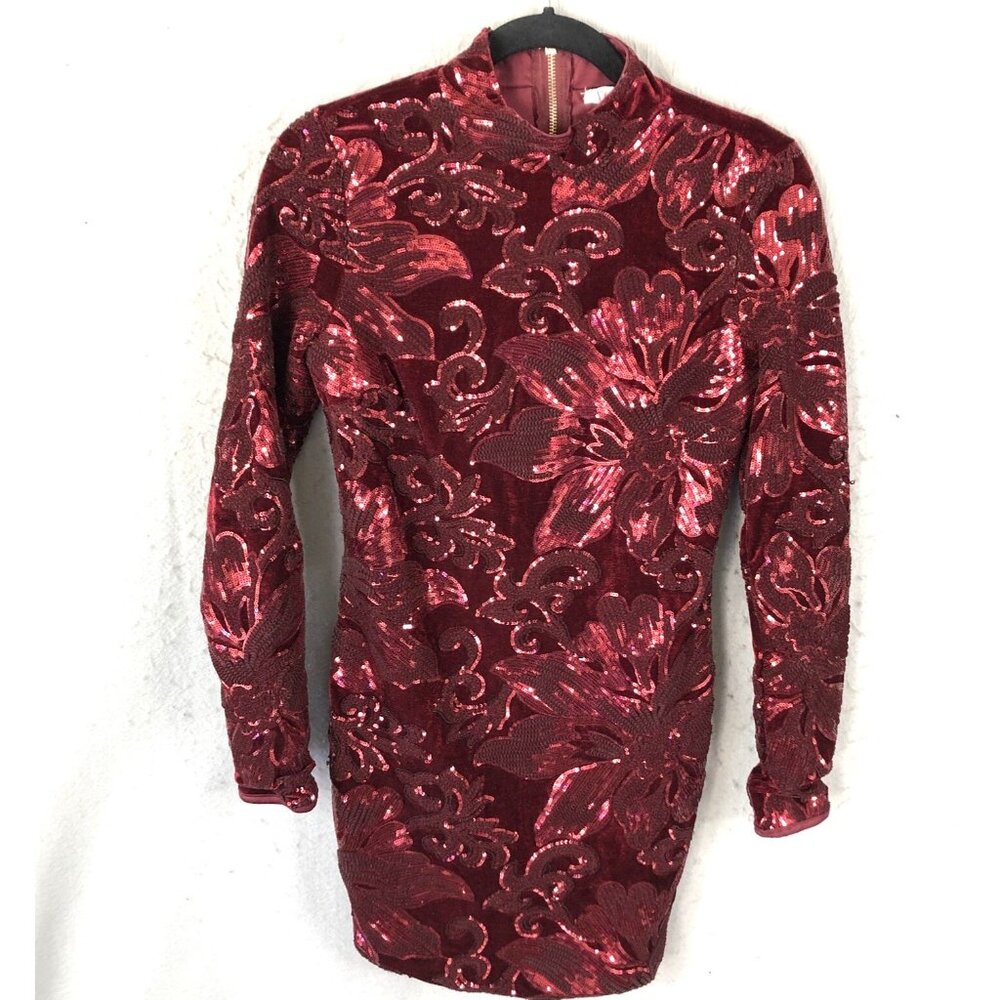 Agaci Dress Women S Burgundy Velvet Sequins Sparkle Formal Event Y2K Cocktail
